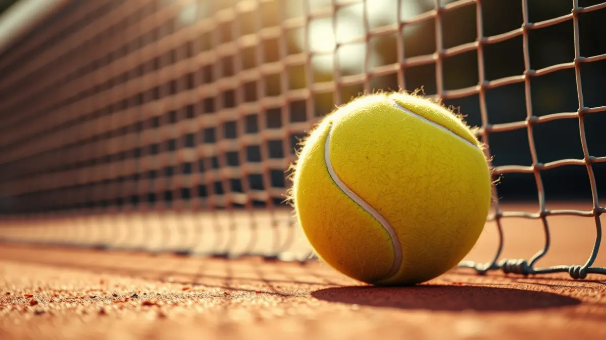 Generic image of a tennis ball on a clay court.