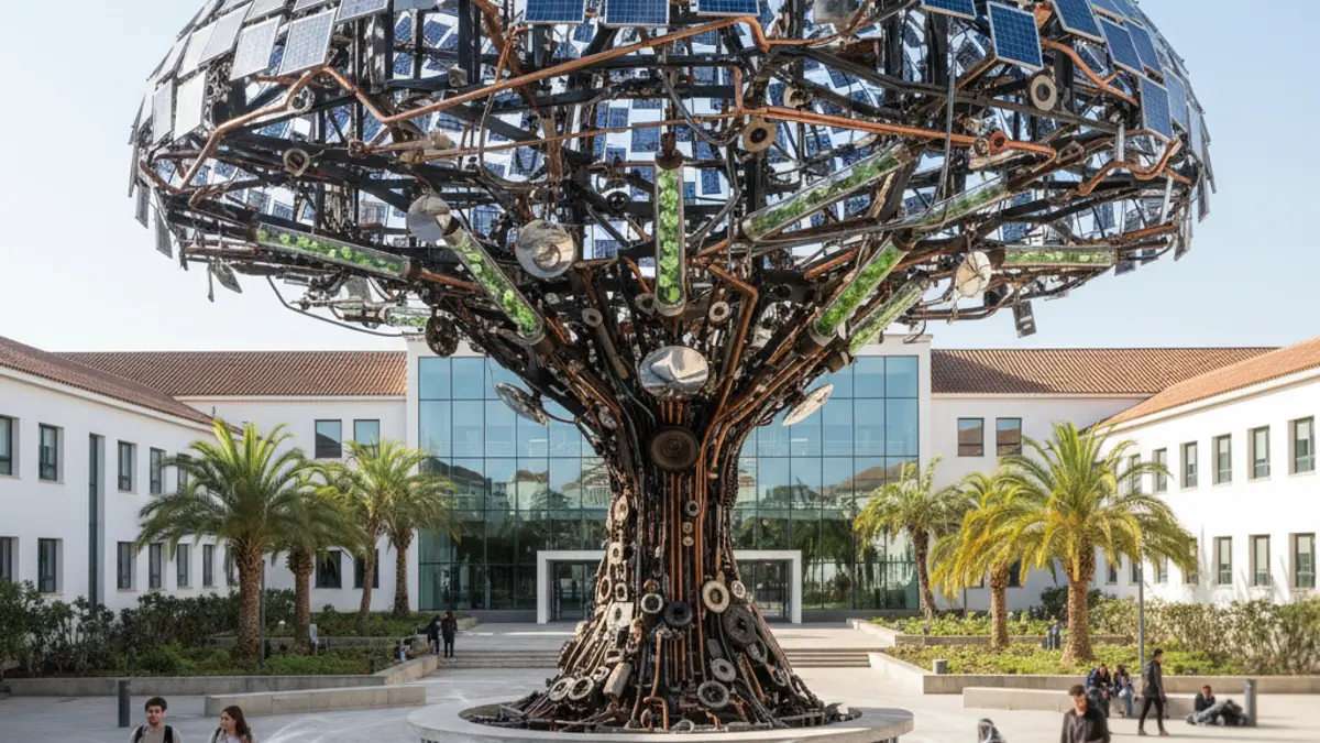 Biotechnological tree structure on the Linares campus, made from recycled materials and generating clean energy.