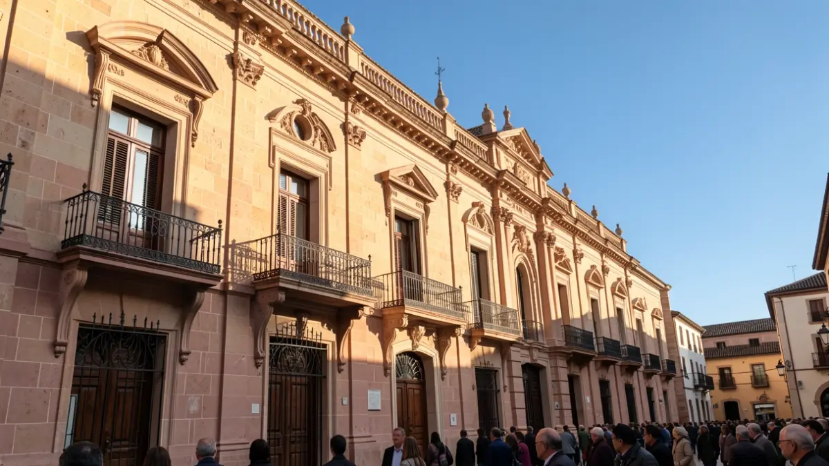 Fachada del Ayuntamiento de Linares con balcón y barandillas de hierro, luz cálida de la tarde.