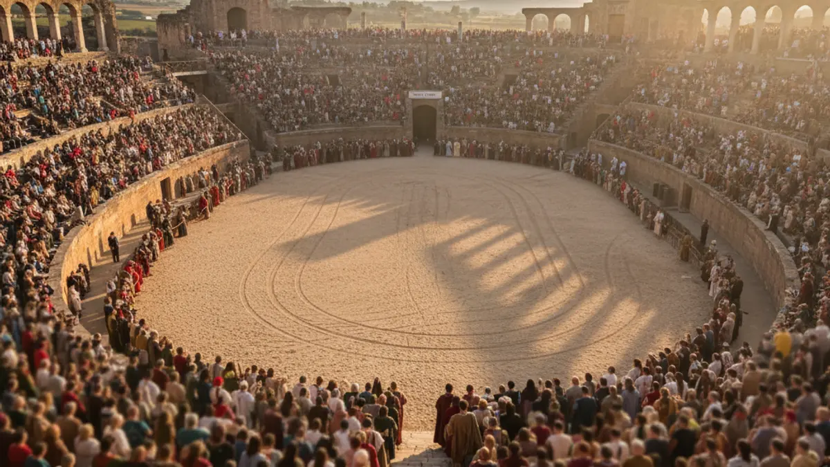 Image of a Roman circus reenactment with sand and audience.