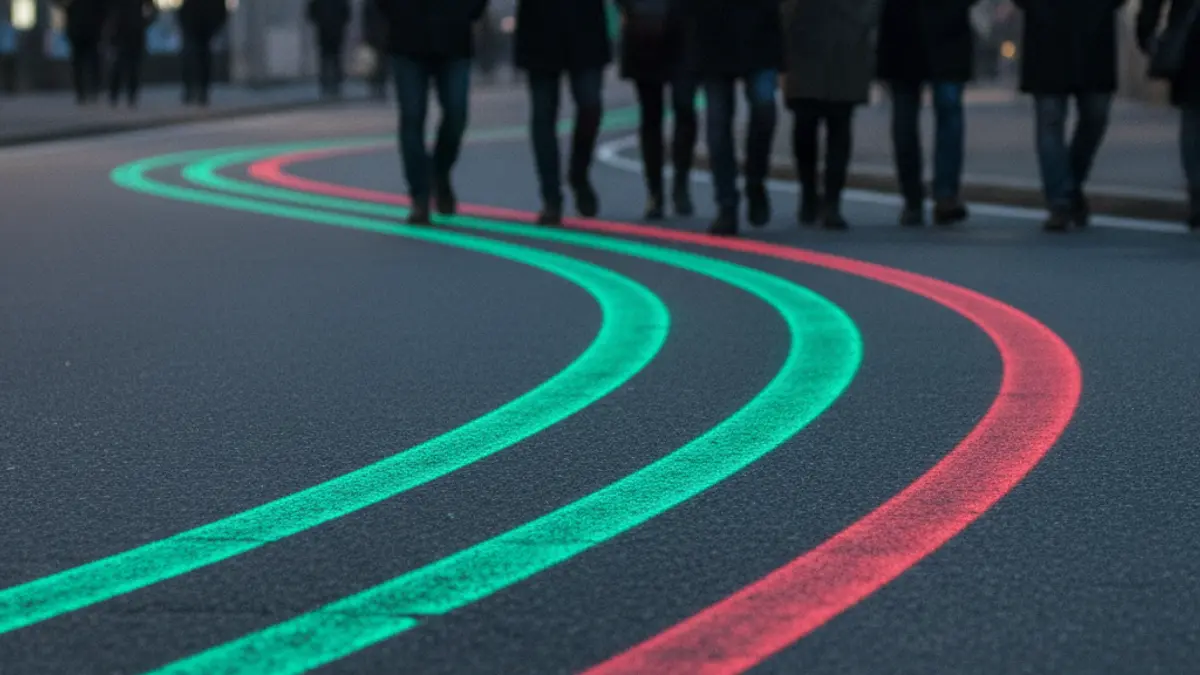 Generic image of photoluminescent lines on a road at night.