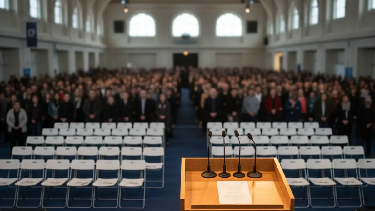 Generic image of a political rally stage with microphones on a podium.