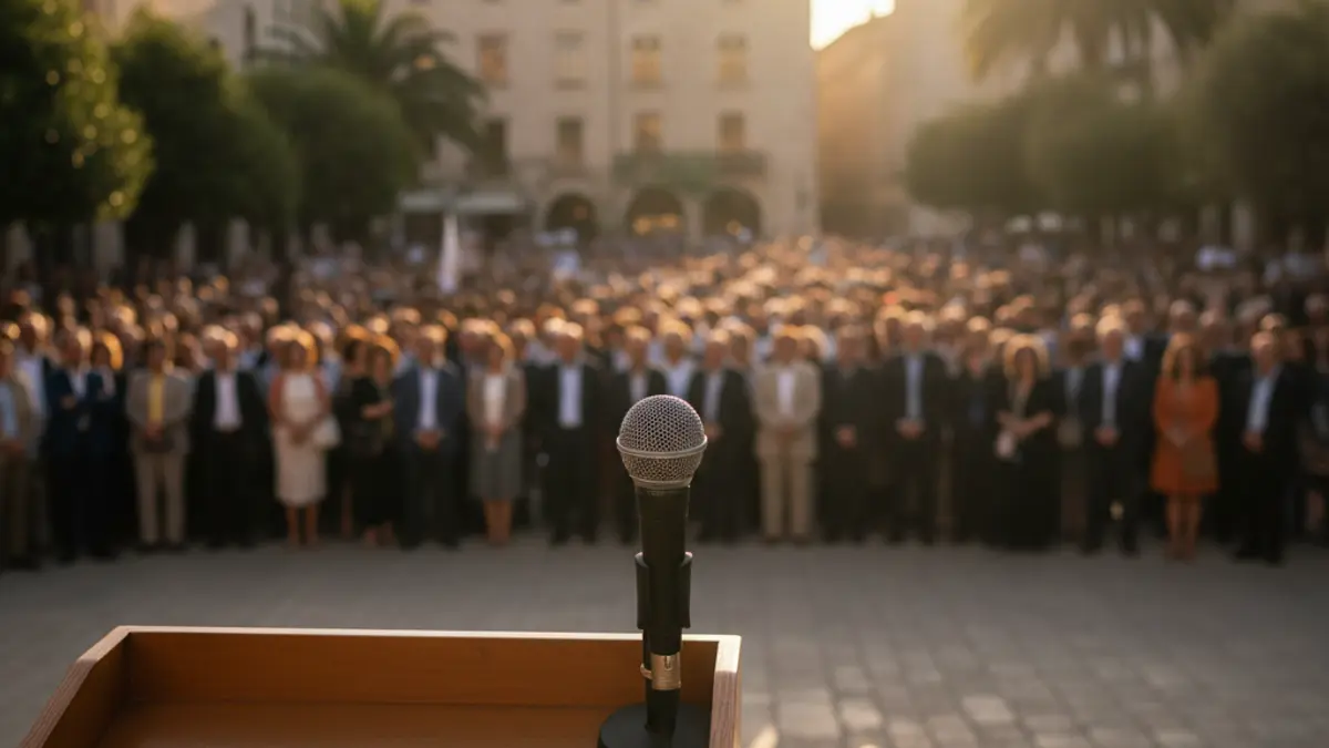 Imagen genérica de un mitin político con un micrófono en un podio.