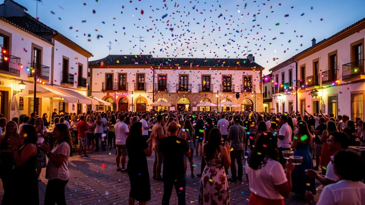 Generic image of a festival in an Andalusian square at dusk with lights and confetti.
