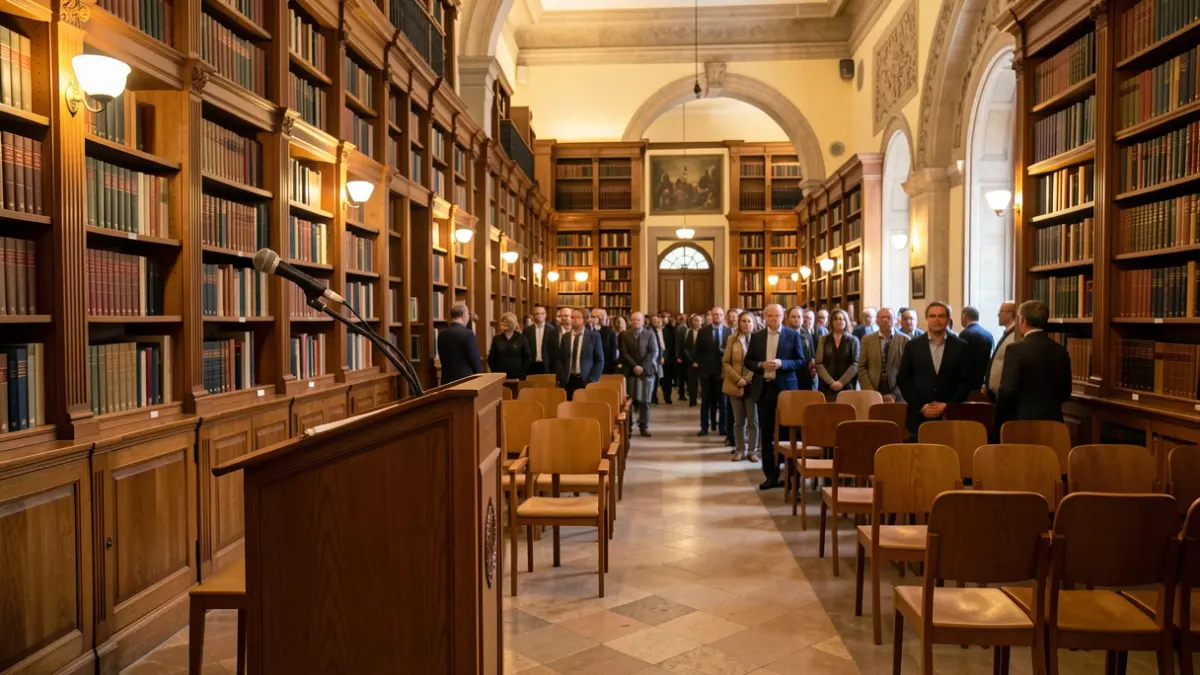 Interior de una biblioteca histórica en Sevilla con estanterías de madera y luz cálida.