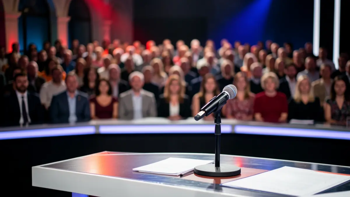 Generic image of a television studio with a microphone.