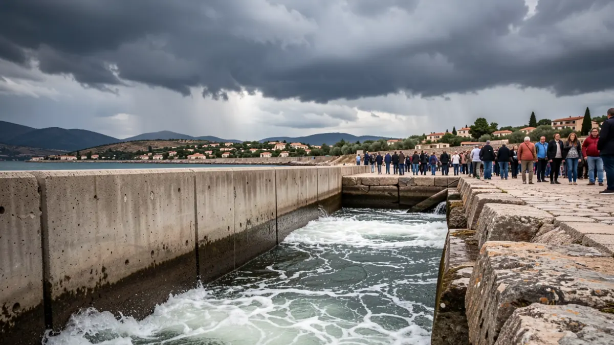 Imagen de un muro de defensa contra inundaciones reforzado bajo un cielo de tormenta.