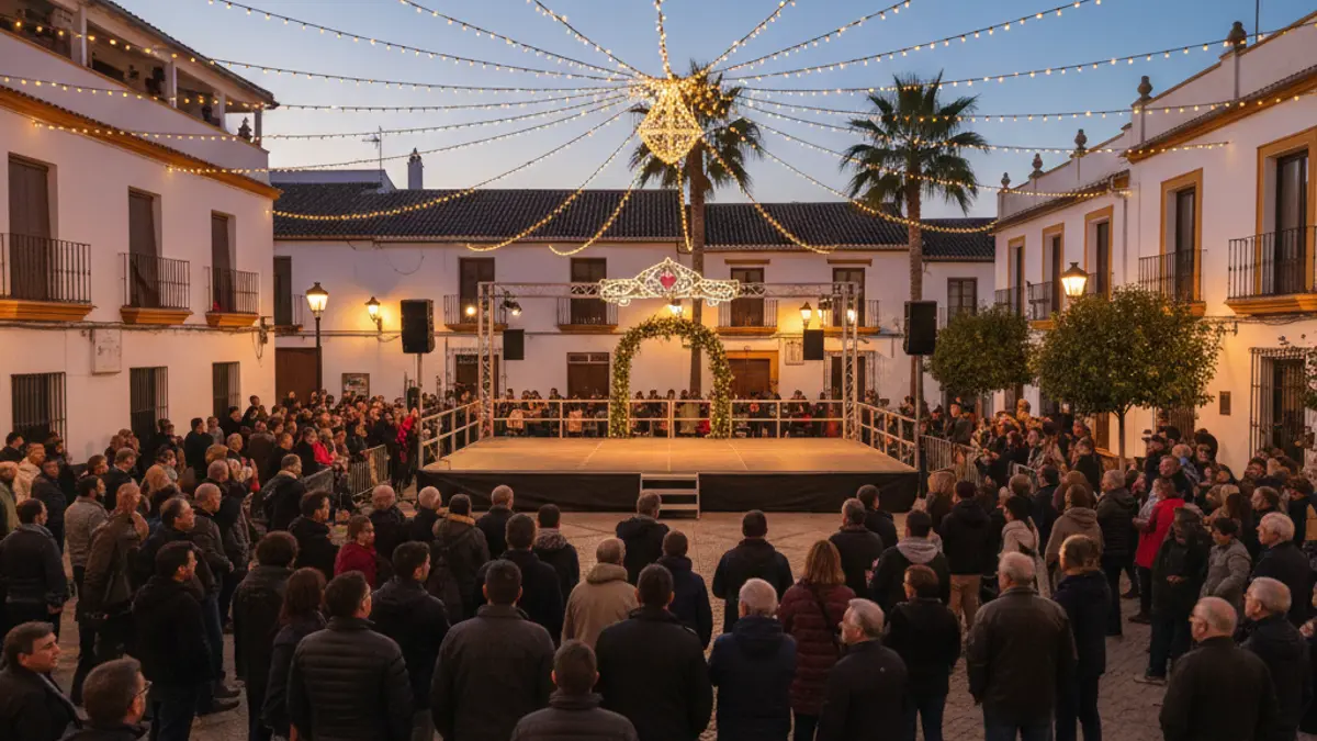 Imagen de una plaza de pueblo andaluz durante una celebración festiva.