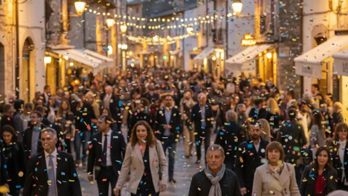 Generic image of a festive atmosphere on a Mediterranean town street at dusk.