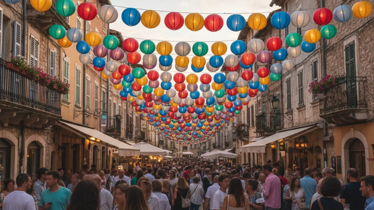 Imagen de farolillos decorando una calle durante una feria en un pueblo andaluz.