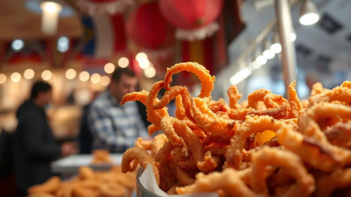 Image of freshly made pork rinds in a market stall.