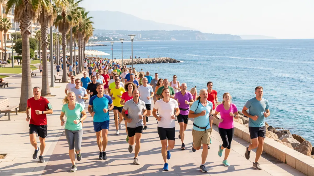 Generic image of a diverse group of people running together on a scenic coastal promenade in Marbella, Spain, with the Mediterranean Sea in the background.