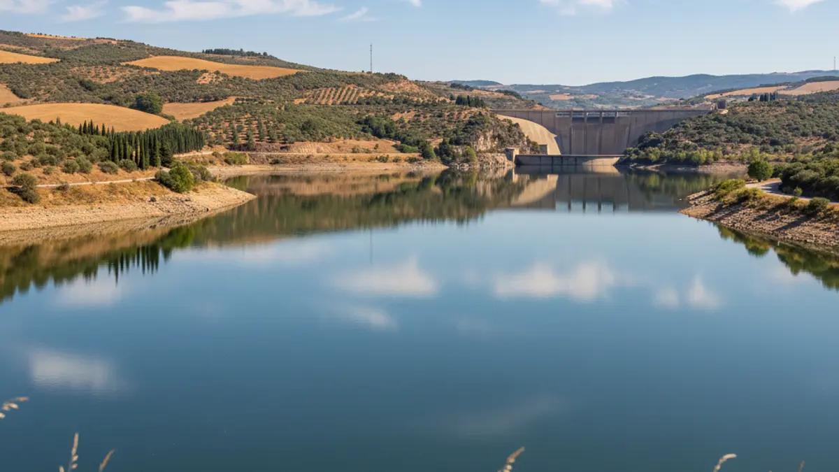 Image of a full reservoir in a Mediterranean landscape, reflecting the blue sky.