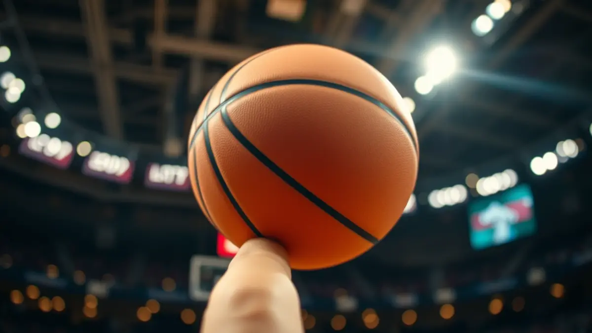 Generic image of a basketball spinning on a fingertip, with a blurred background of a sports court.
