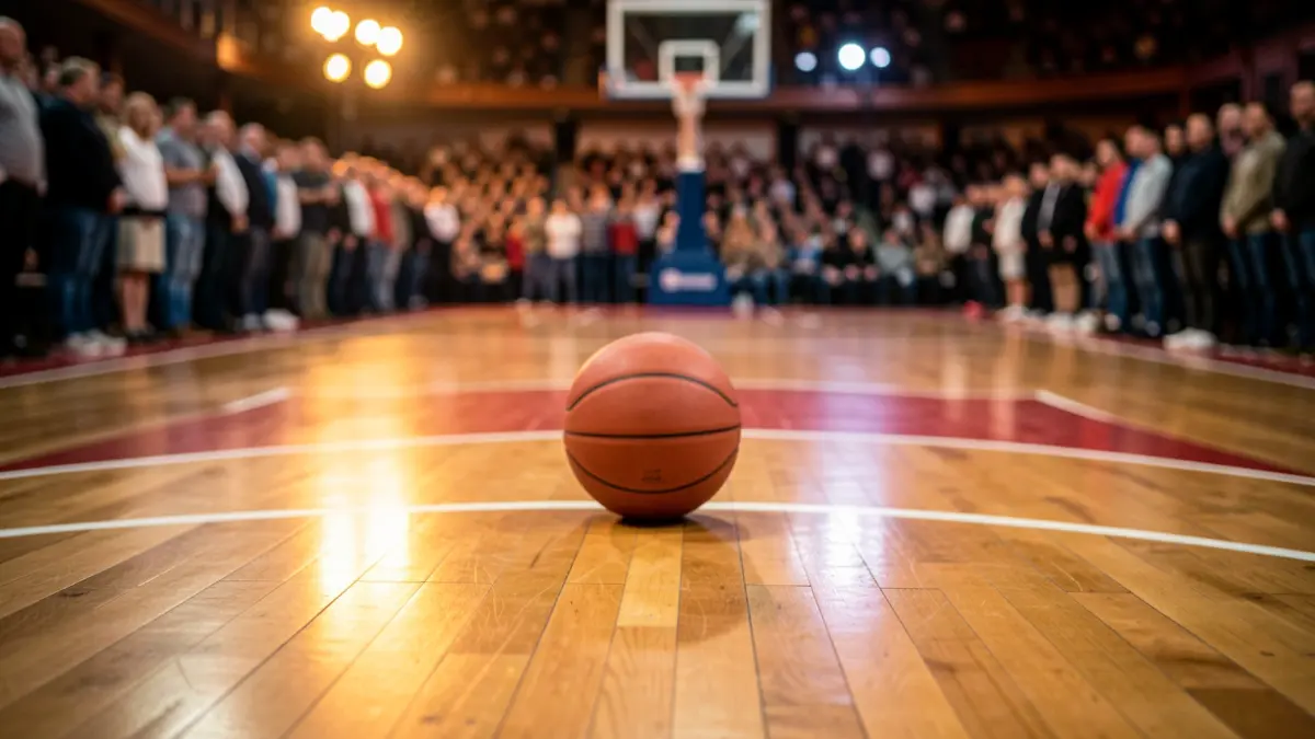Generic image of a basketball court with blurred lights and a ball.