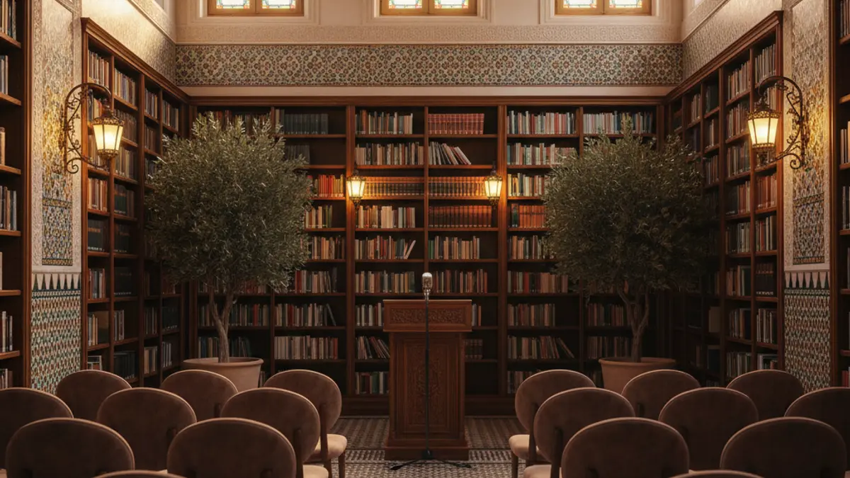 Imagen genérica de un interior de museo o biblioteca con un micrófono en un podio.