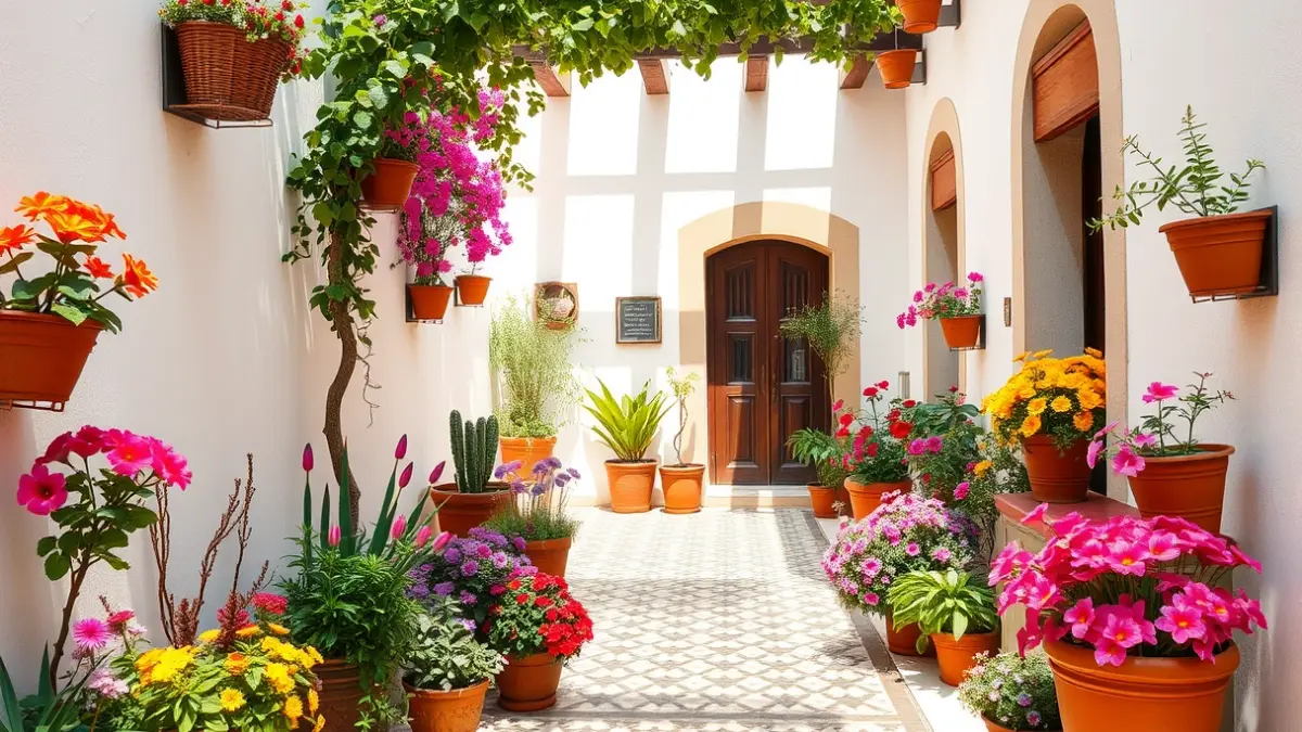 Imagen de un patio conventual en Córdoba, con abundancia de flores y elementos arquitectónicos tradicionales.