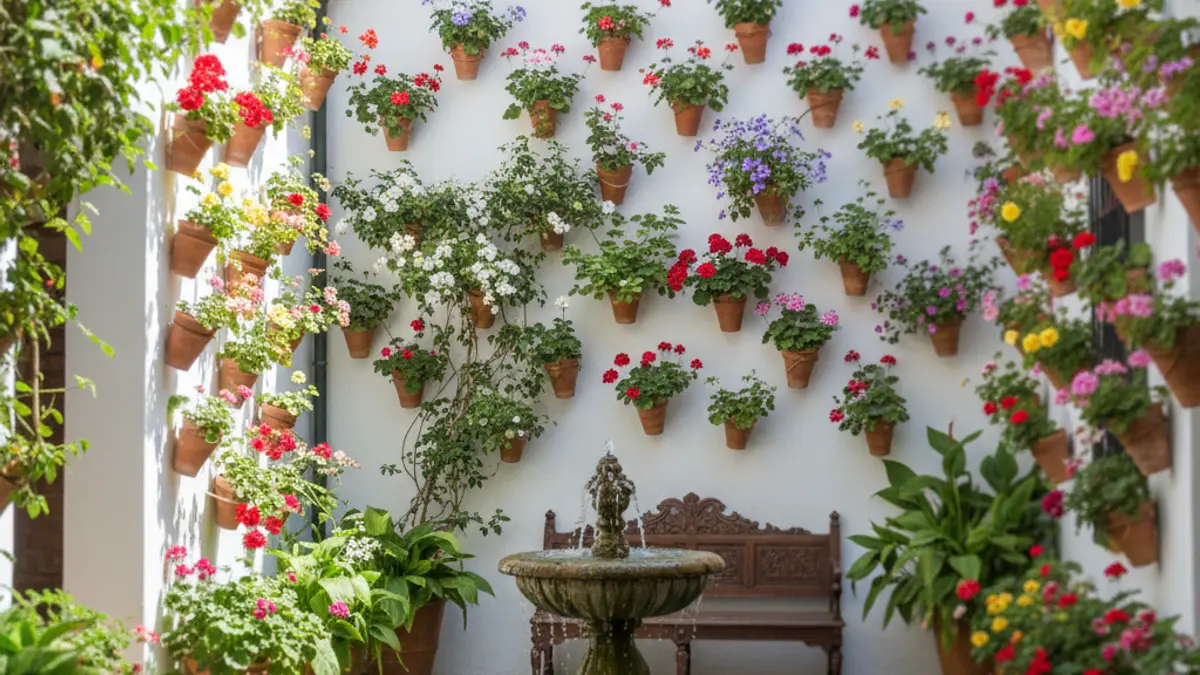 Image of a Cordoban patio with flowers and plants, white walls, and sunlight.