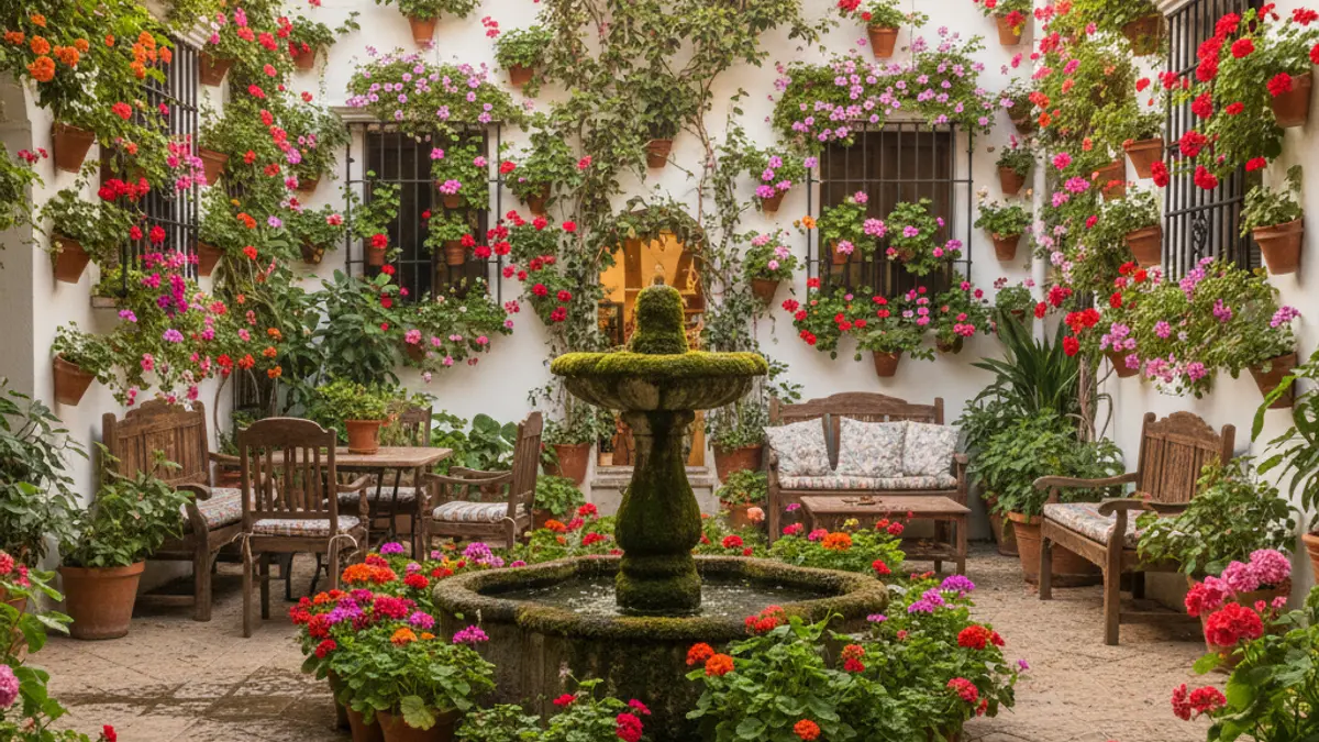 Image of a Cordoban patio with flowers and plants.