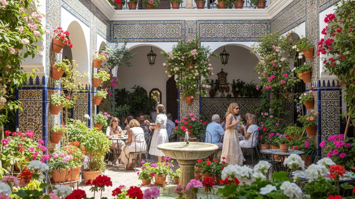 Image of a Cordoban patio with flowers and plants, reflecting the large influx of visitors.