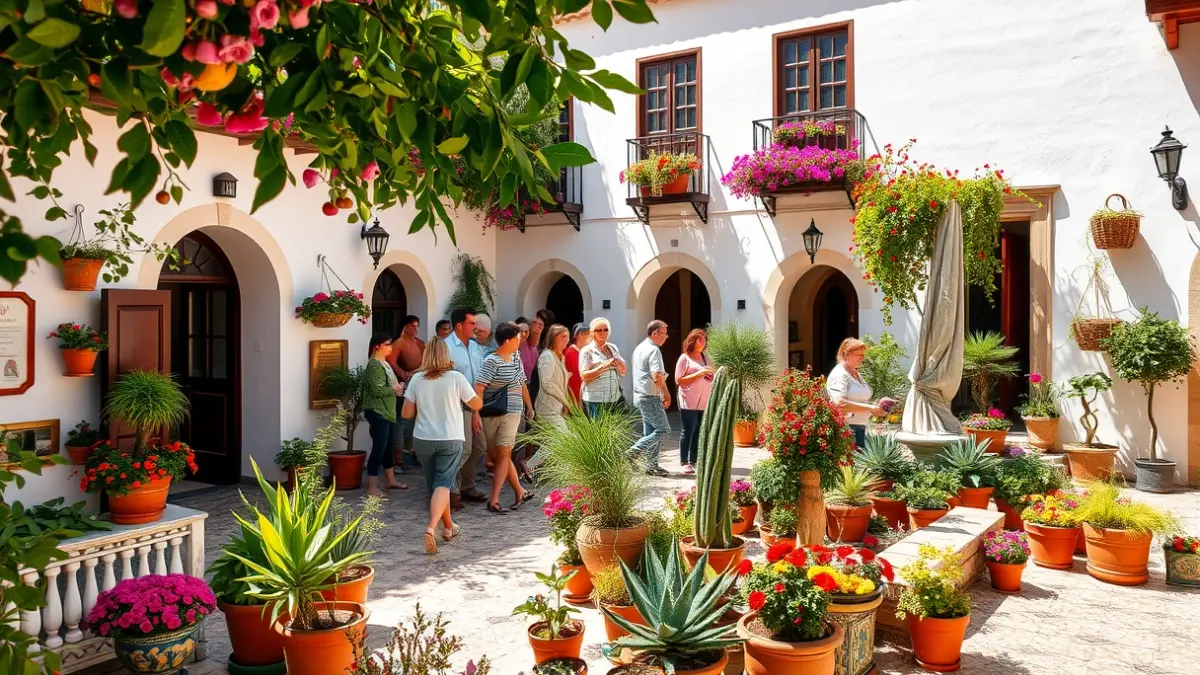 Image of a Cordoban courtyard with flowers and visitors during the festival.