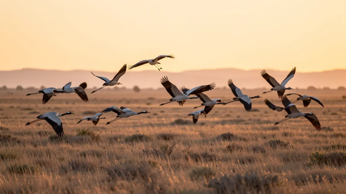 Generic image of cranes flying at sunset over a landscape in Los Pedroches.