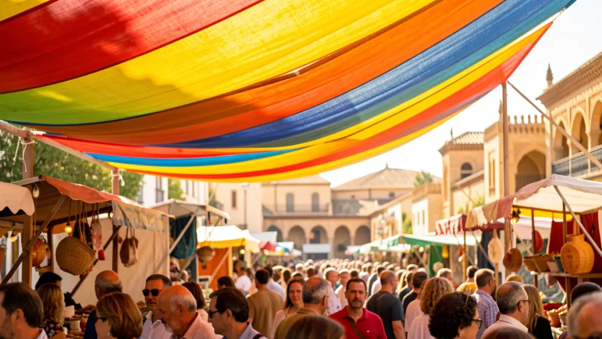 Image of awnings installed at the Feria de Córdoba to provide shade from the sun.