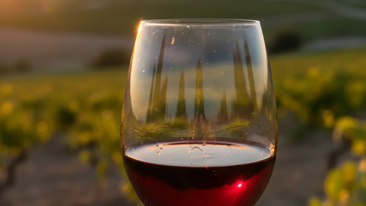 Generic image of a red wine glass with vineyards in the background.
