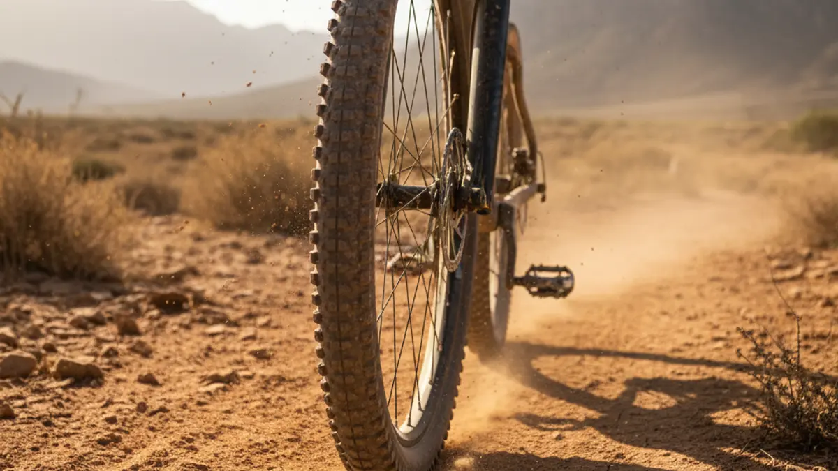Imagen genérica de una rueda de bicicleta de montaña en un sendero polvoriento.