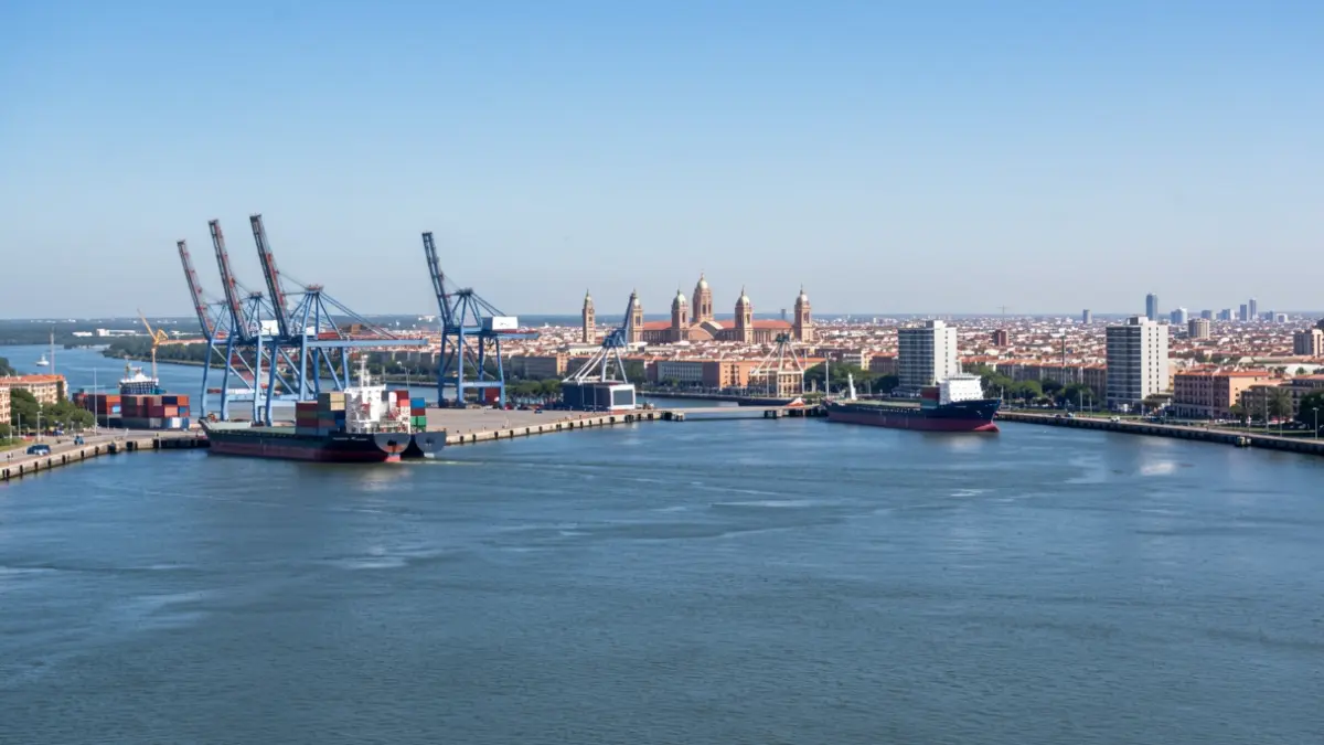 Image of the Port of Seville with cranes and ships.
