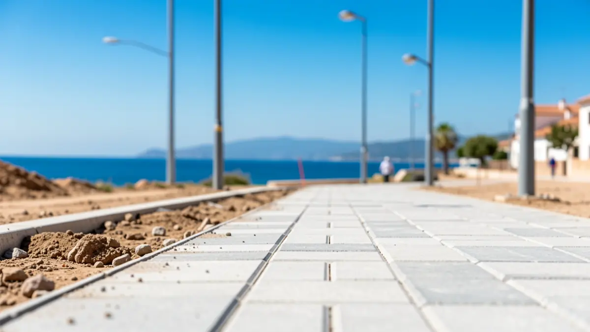 Imagen de obras de construcción de un nuevo paseo marítimo en la costa de Andalucía.