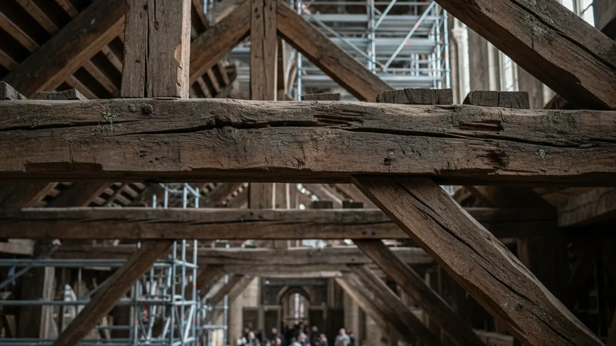 Imagen de una estructura de madera antigua y deteriorada en el techo de un edificio histórico.