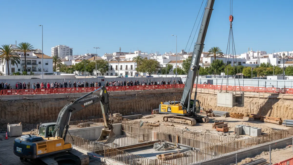 Image of a construction site in Huelva, with heavy machinery and safety barriers.