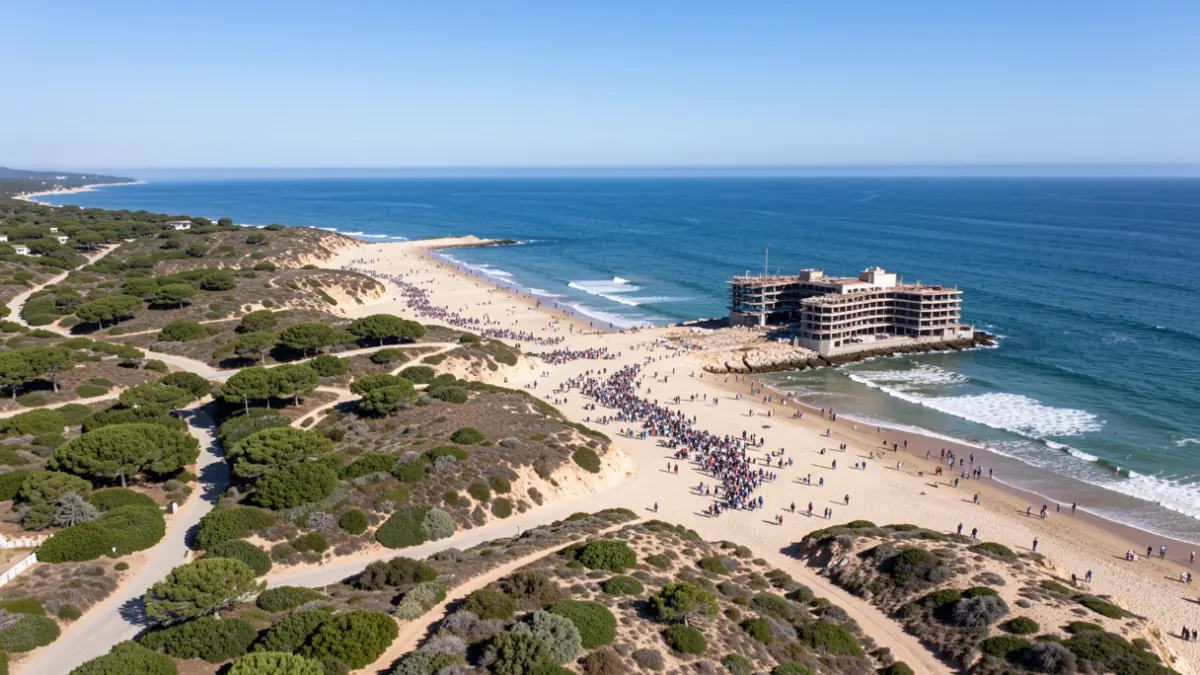 Aerial view of El Algarrobico beach with the hotel construction and the protected natural landscape.