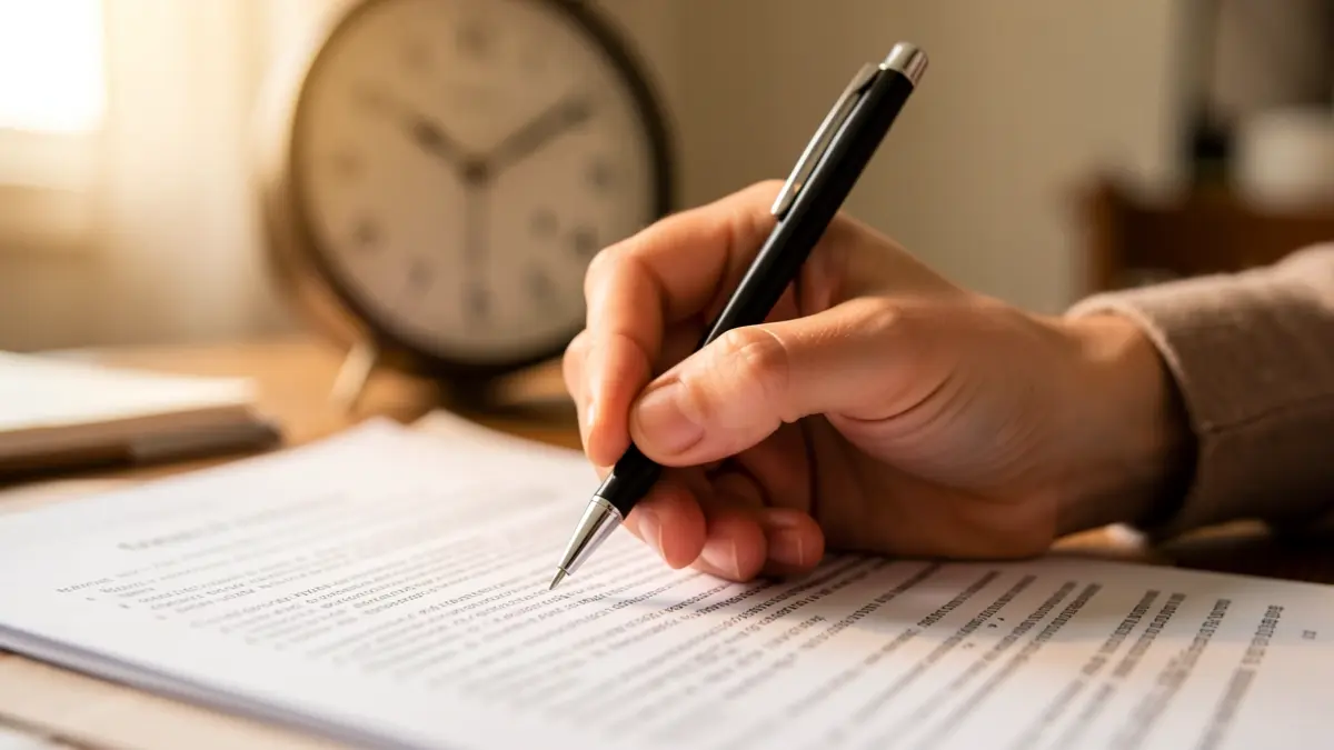 Primer plano de la mano de un estudiante escribiendo en un examen, con un reloj desenfocado al fondo.