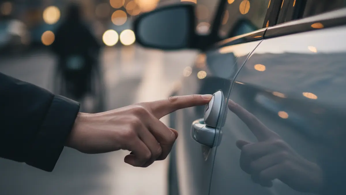 Generic image of a hand pressing a button on an adapted taxi door.