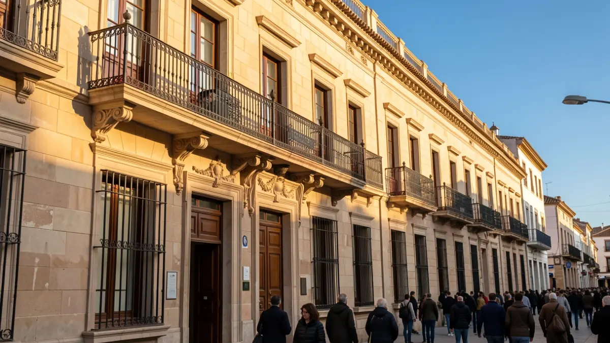 Imagen genérica de la fachada de un ayuntamiento andaluz con balcón y barandillas de hierro, bajo la luz del sol de la tarde.