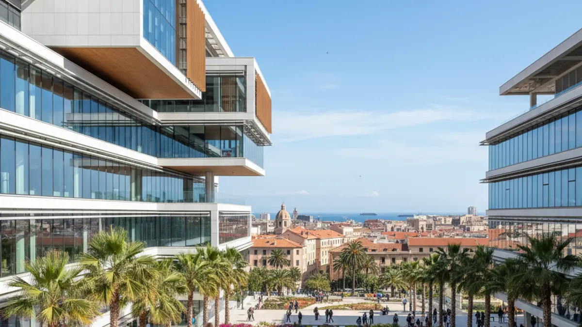 Image of a modern university campus in Málaga, with students and palm trees.
