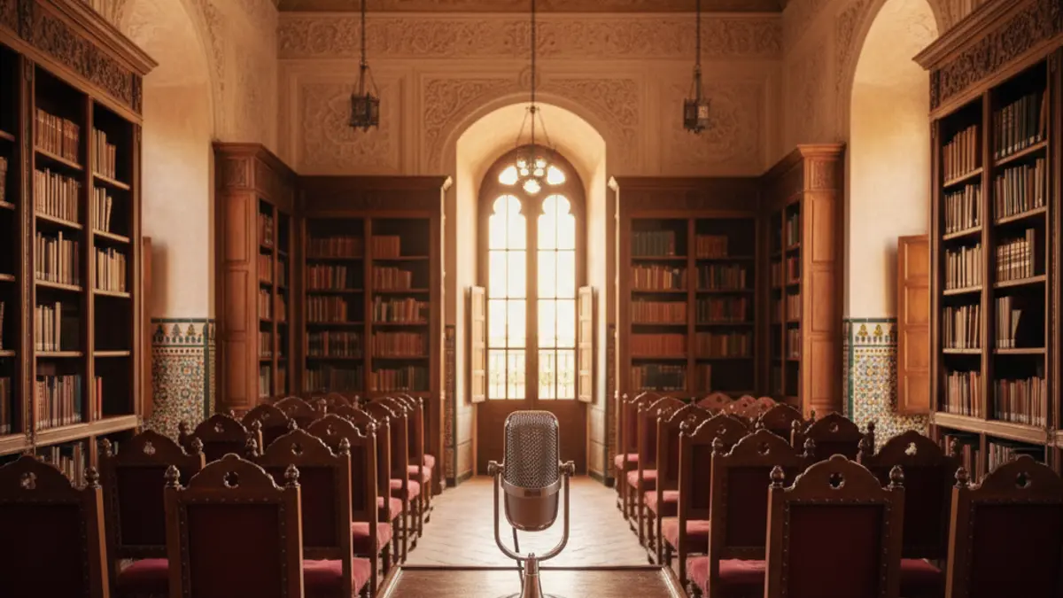 Generic image of an auditorium or conference room with a microphone on a lectern.