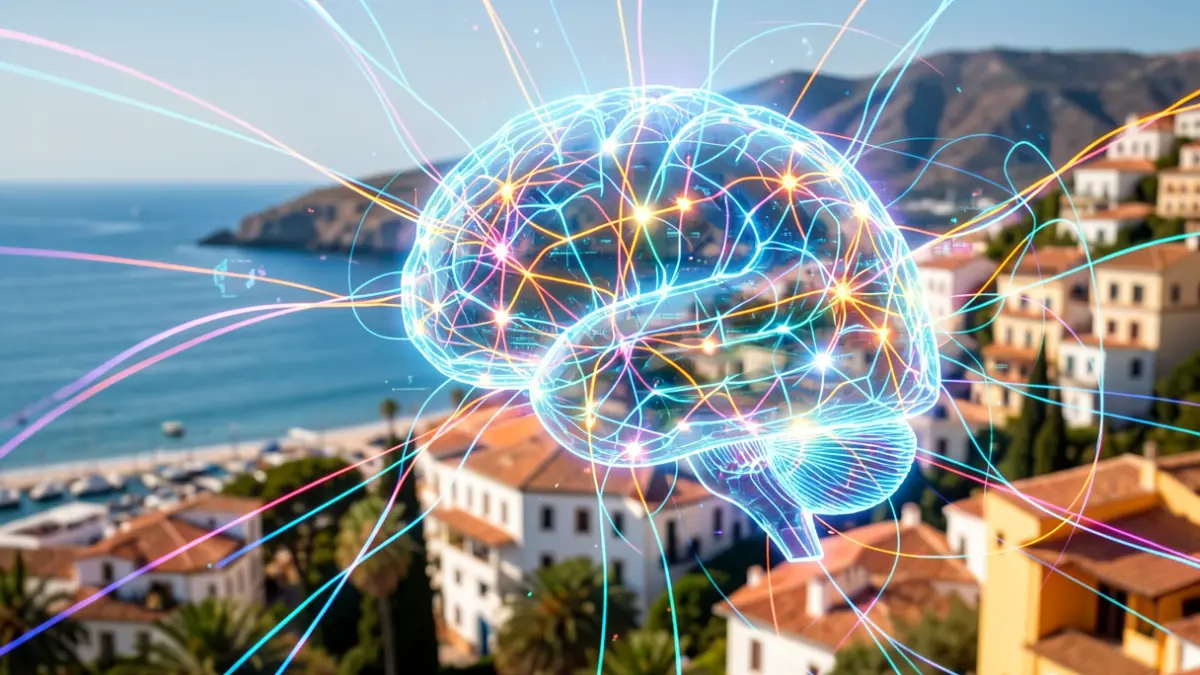 Abstract image of artificial intelligence and exponential technologies with glowing neural networks and interconnected data streams, against a backdrop of the Andalusian coast.