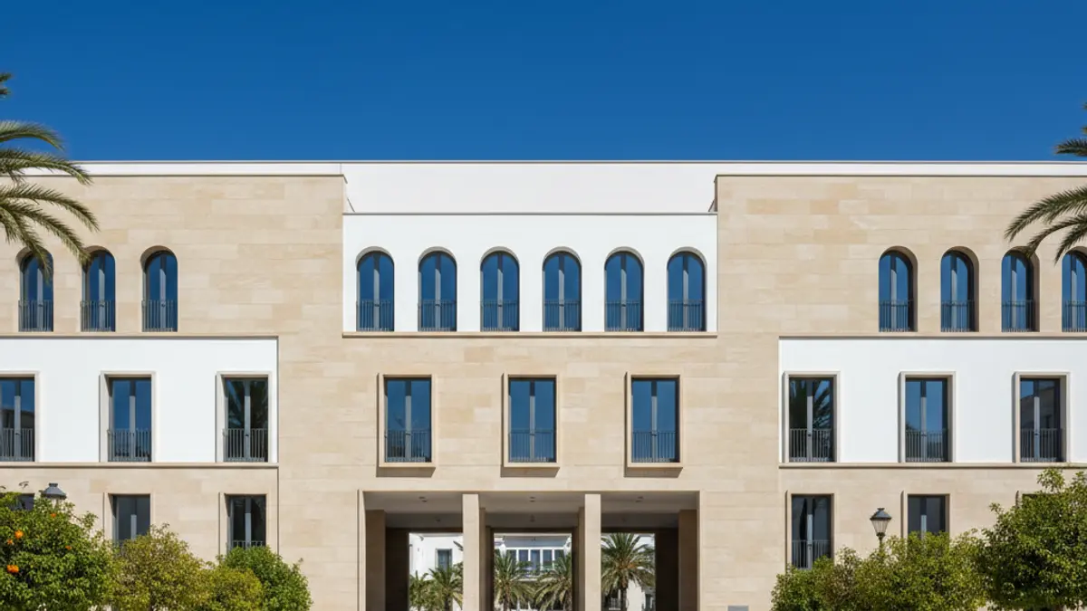 Fachada de un edificio municipal en una ciudad mediterránea, con cielo azul.
