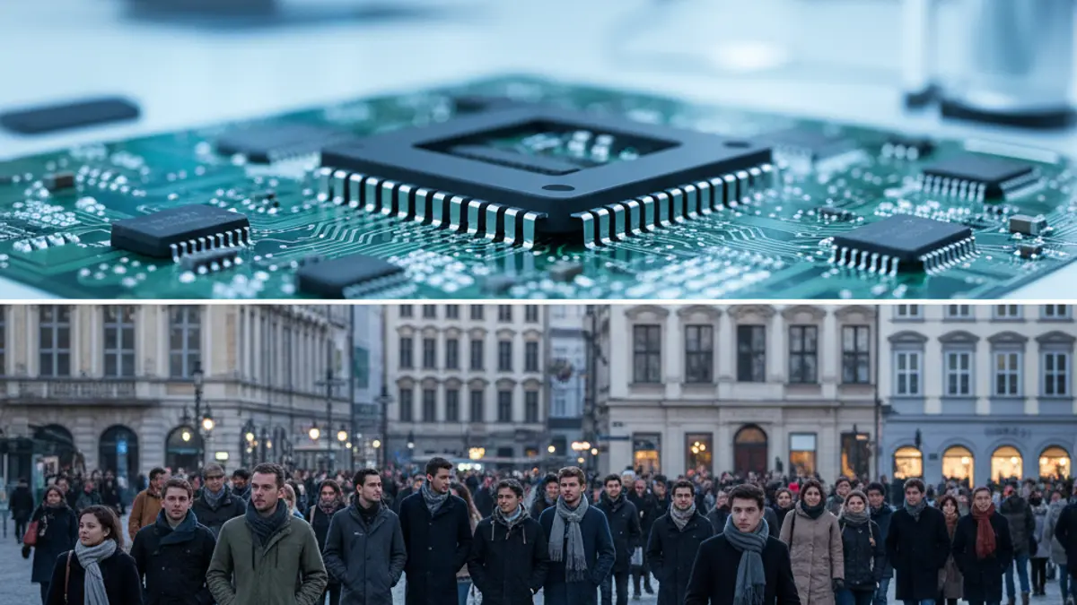 Imagen genérica de un microchip en una placa de circuito, con equipo de laboratorio de alta tecnología borroso al fondo.