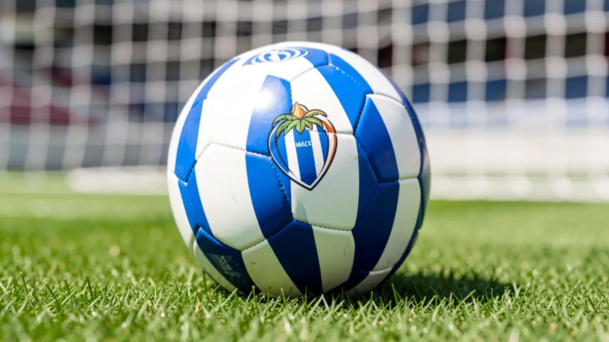 Close-up of a soccer ball with the blue and white stripes of Málaga CF on green grass, with the goal net blurred in the background.