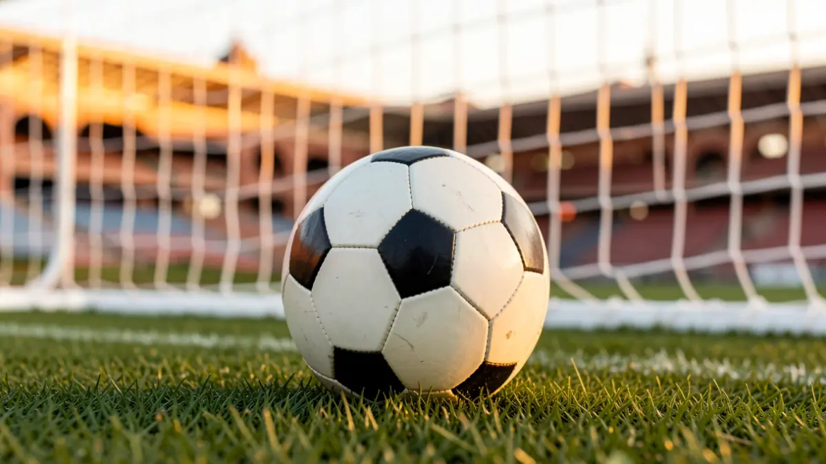 Generic image of a soccer ball on grass in a stadium.