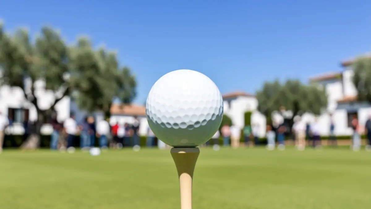 Primer plano de una pelota de golf en un tee con un campo de golf verde desenfocado y cielo azul al fondo.