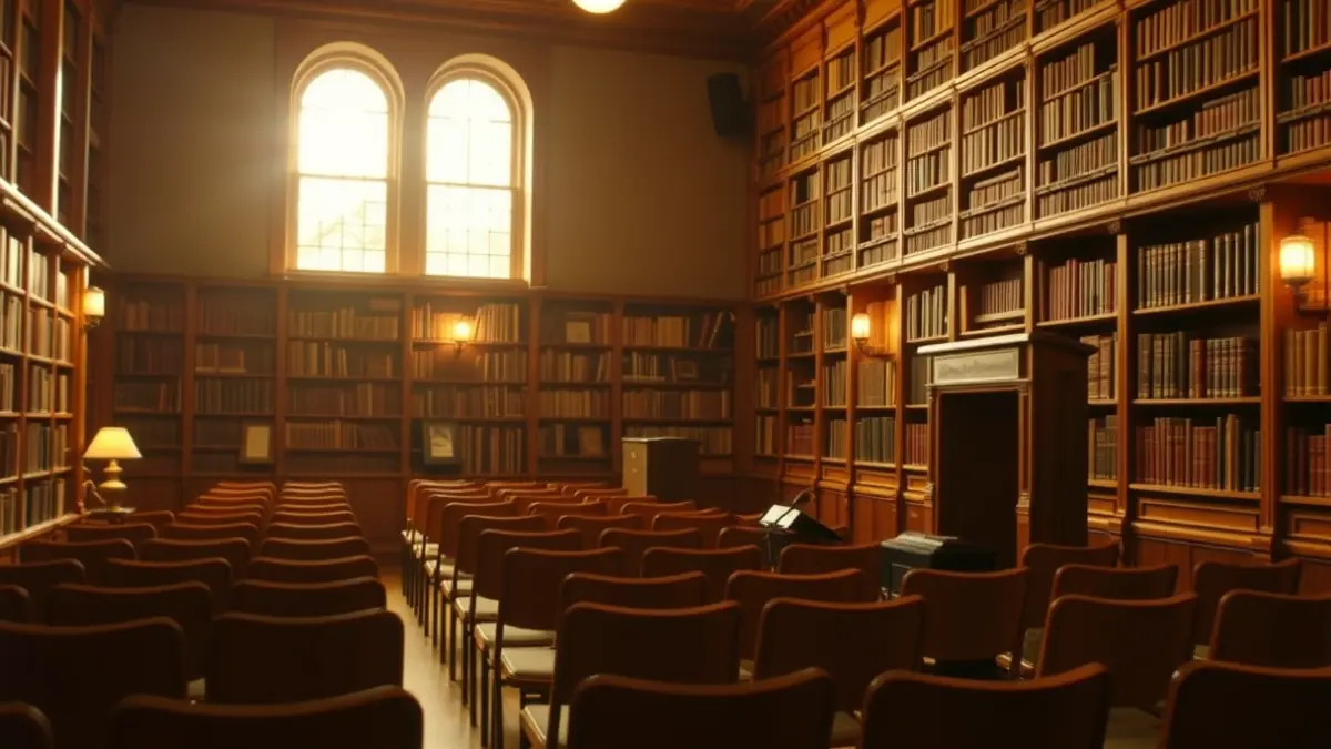 Imagen genérica de un espacio de exposición o biblioteca con ambiente cálido.