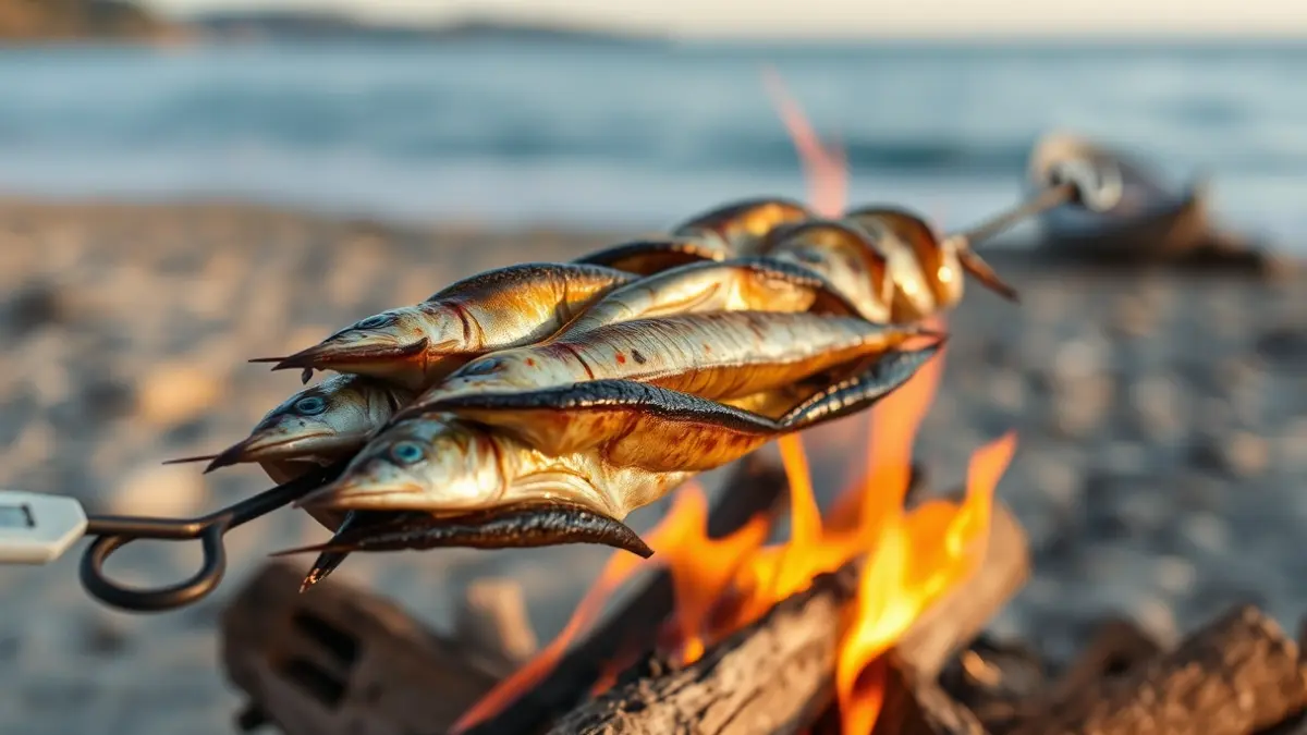Imagen de espetos de sardinas cocinándose en una playa de Málaga.