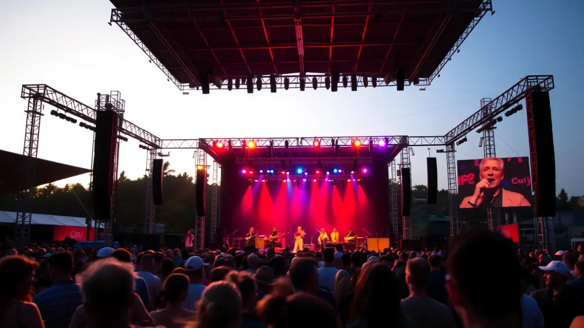 Image of a concert stage with lights and blurred audience.