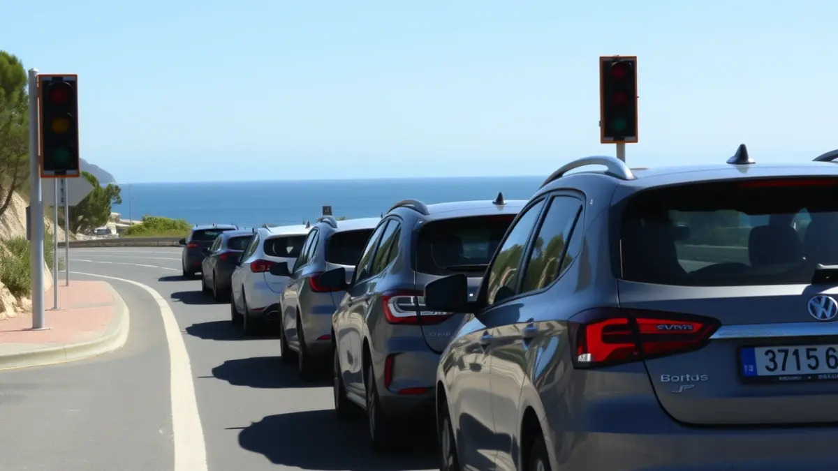 Image of a long queue of cars on an Andalusian coastal road, stopped at a traffic light.