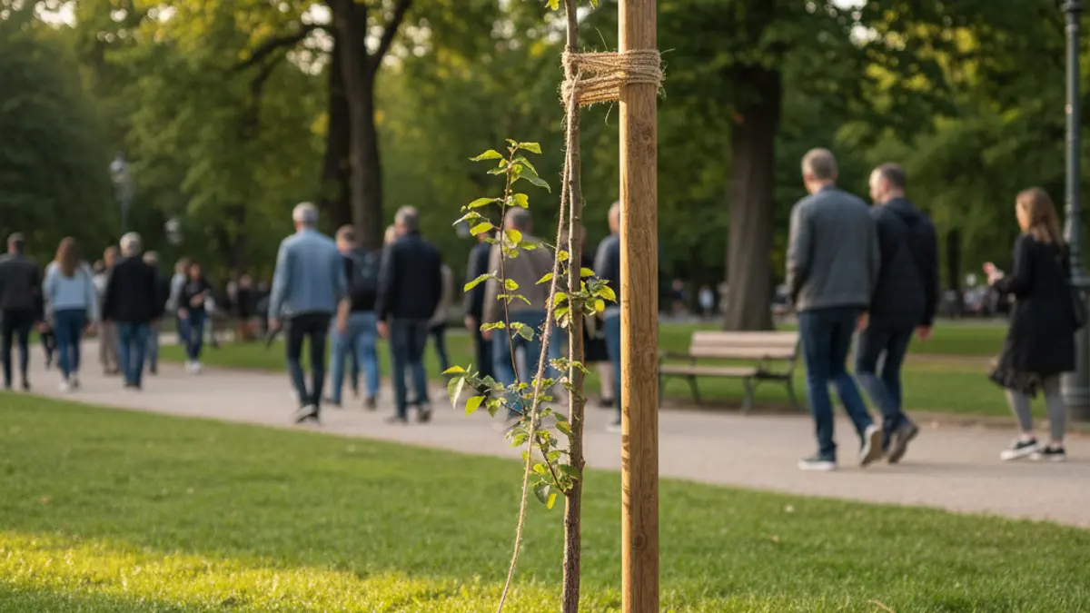Generic image of a newly planted tree in an urban setting.